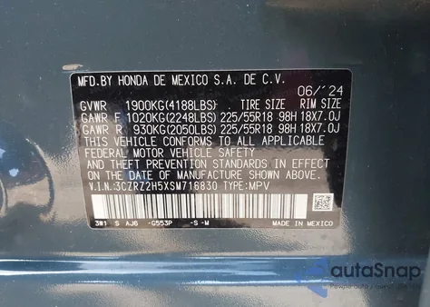 2025 Honda Hr-V Awd Sport z USA, uszkodzony, nr VIN 3CZRZ2H5XSM716830